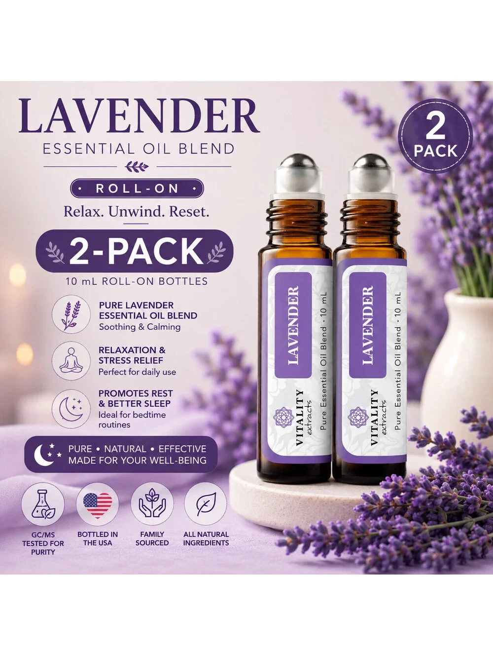 2-Pack Vitality Extracts Lavender Essential Oil Roll On 10mL Pure Blend